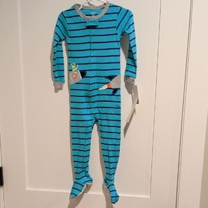 Carter's Turquoise and Navy Striped One-Piece Footed Pajamas with Rocket Patch